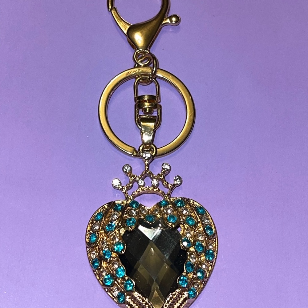 Heart Bag Charm NEW Keychain Jewelry Crown Rhinestones Sparkle Purse Bling - Picture 12 of 15